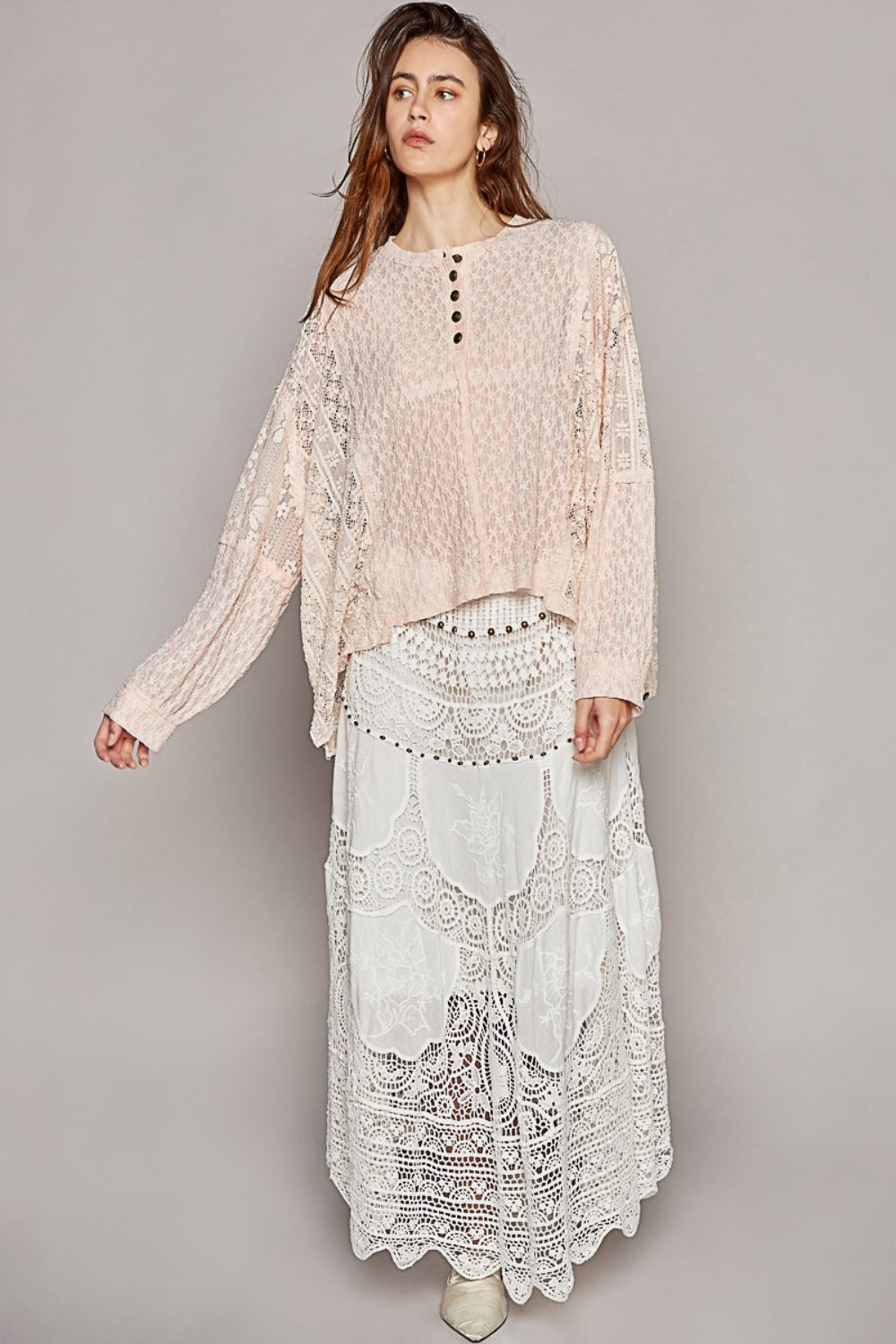 POL Round Neck Long Sleeve Raw Edge Lace Top