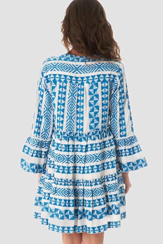 Long Sleeve V-Neck Blue & White Embroidered Mini Dress