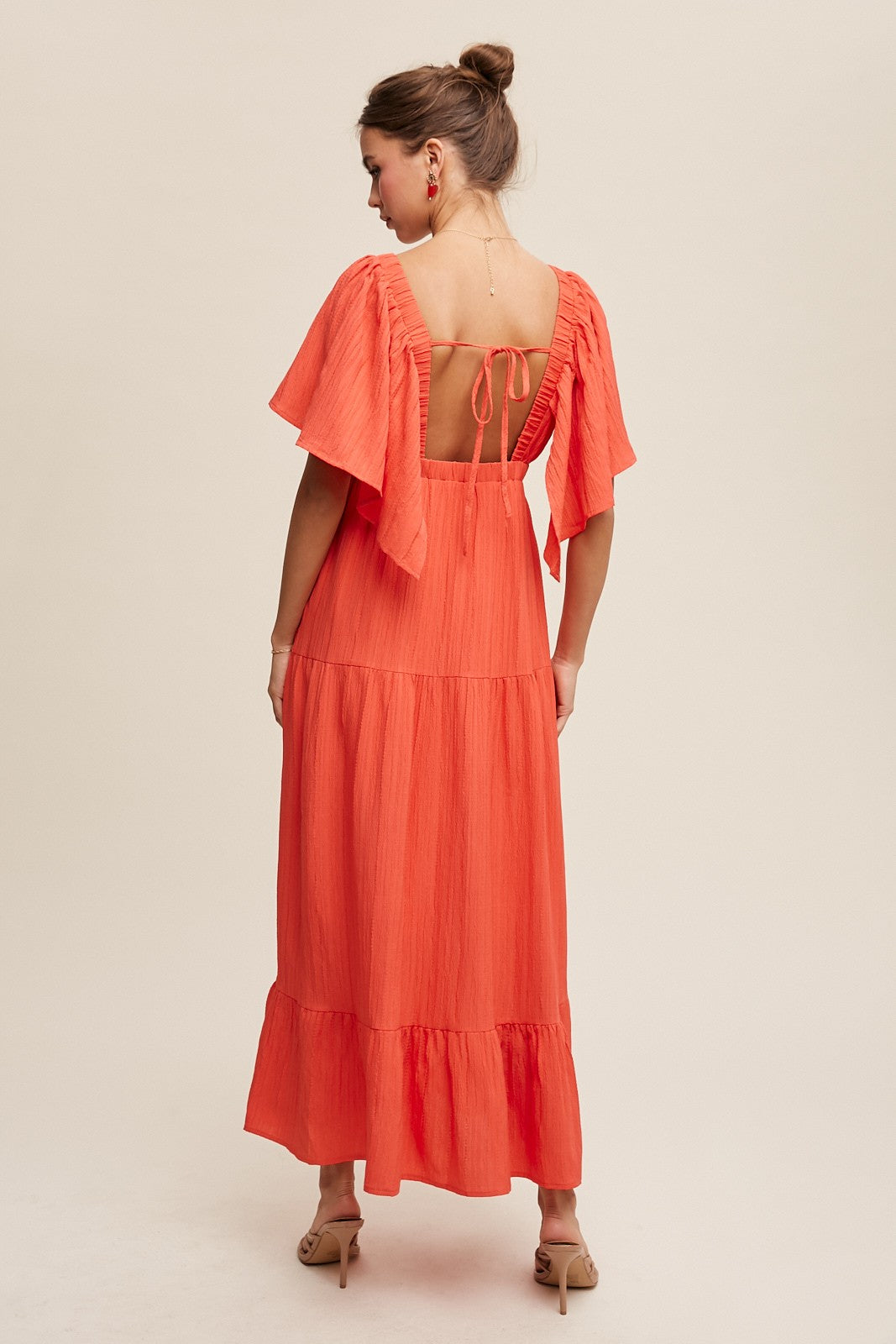 V-Neck Ruffle Sleeve Flowy Maxi Dress