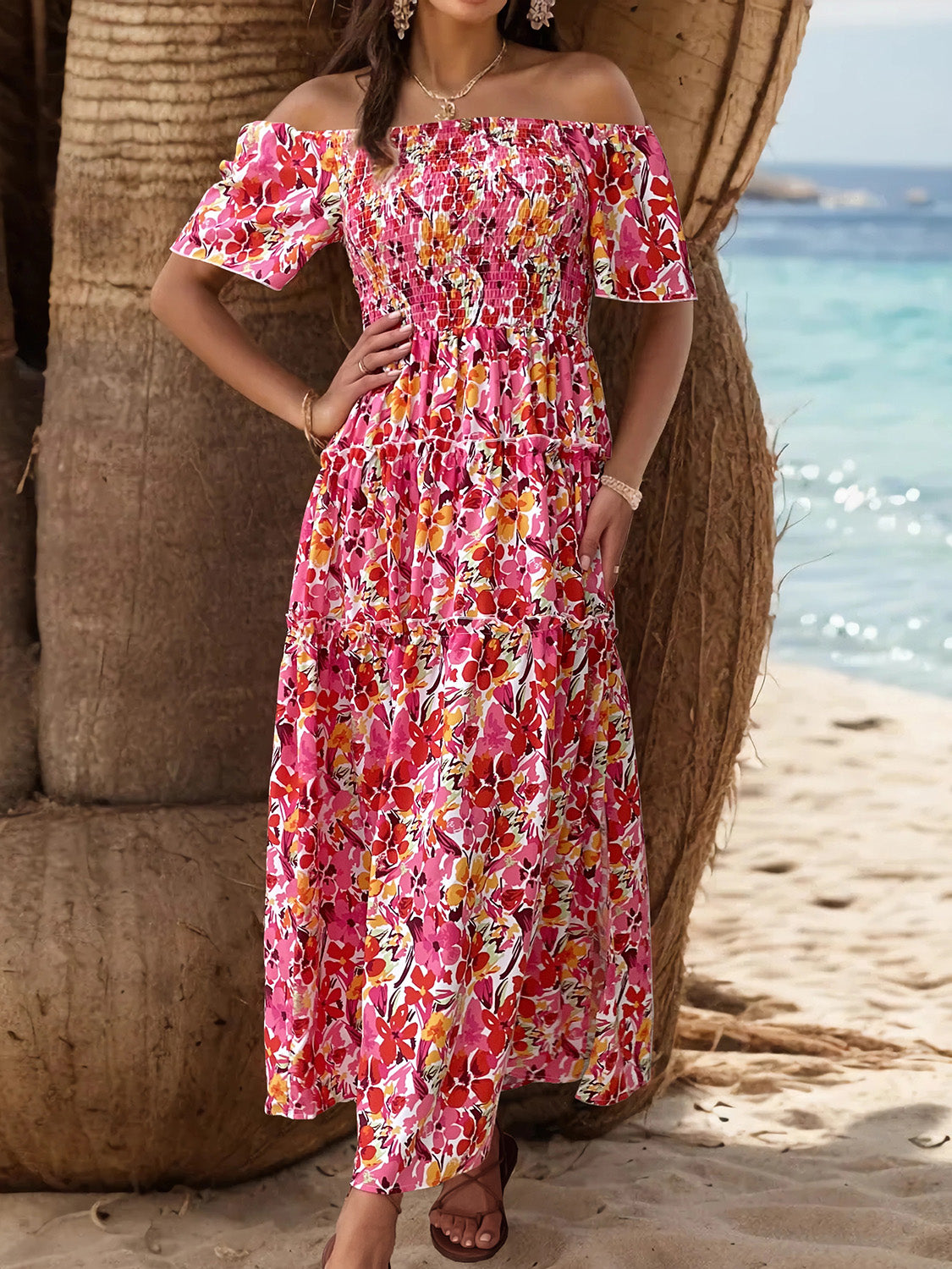 Slit Floral Off-Shoulder Short Sleeve Midi Dress