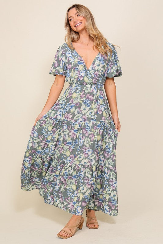Arya Short Sleeve Floral Print Maxi Dress with Smocked Wasit