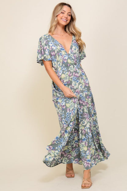 Arya Short Sleeve Floral Print Maxi Dress with Smocked Wasit