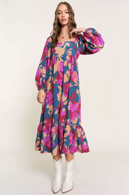 Floral Square Neck High Waist Midi Dress