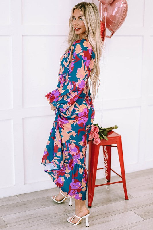 Floral Square Neck High Waist Midi Dress