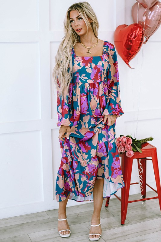 Floral Square Neck High Waist Midi Dress