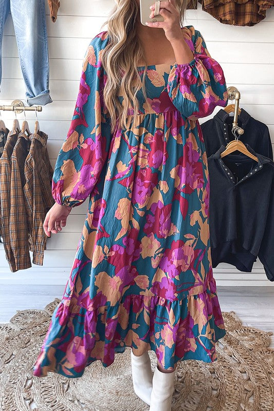 Floral Square Neck High Waist Midi Dress