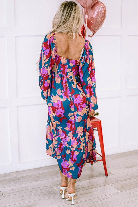 Floral Square Neck High Waist Midi Dress