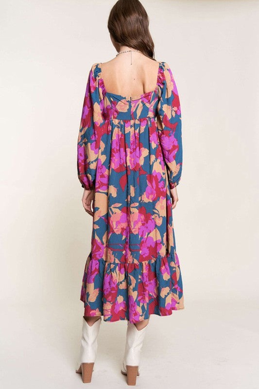 Floral Square Neck High Waist Midi Dress