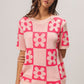 BiBi Flower Checker Pattern Short Sleeve Sweater