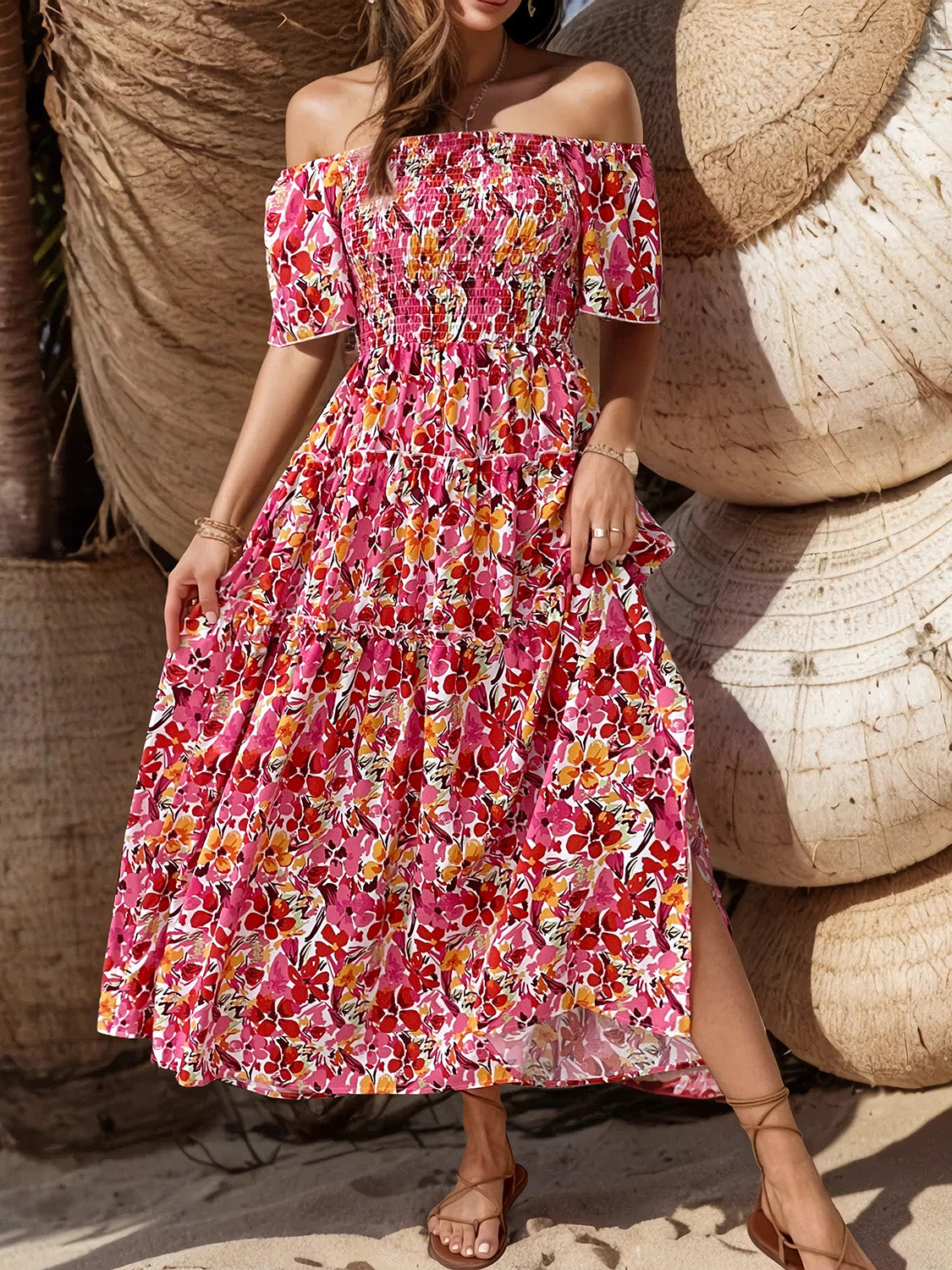 Slit Floral Off-Shoulder Short Sleeve Midi Dress