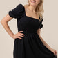 Puff Sleeved Smoked Black Mini Dress