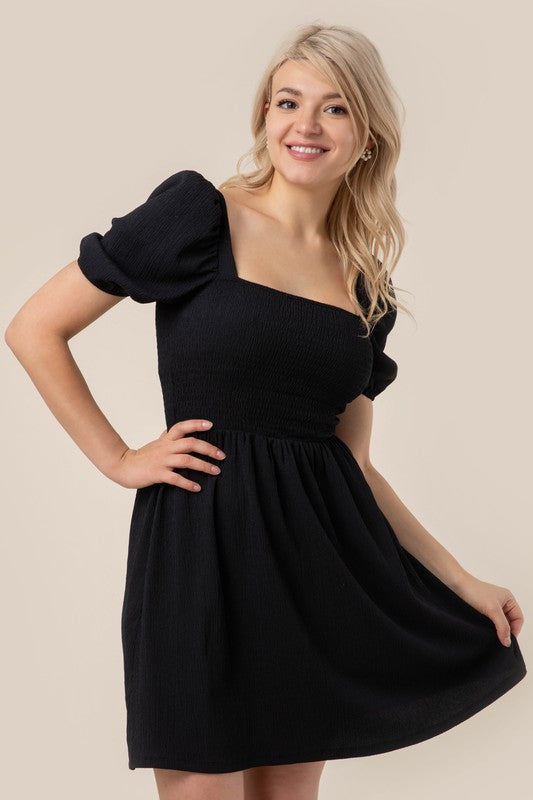 Puff Sleeved Smoked Black Mini Dress