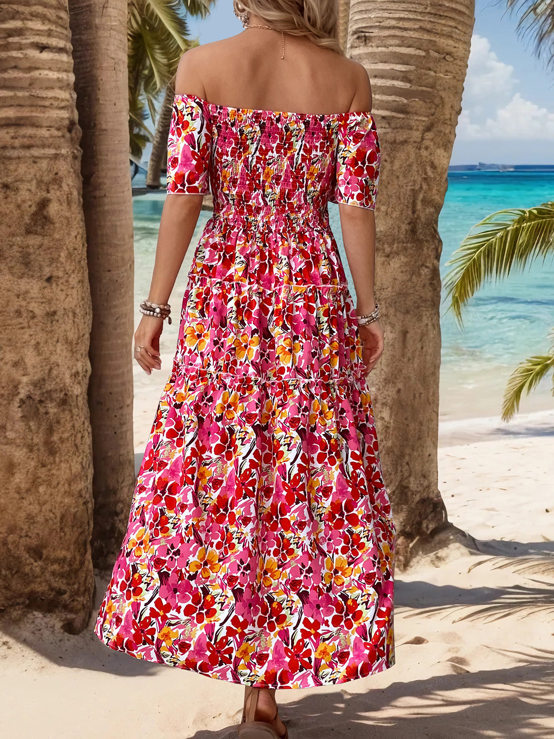 Slit Floral Off-Shoulder Short Sleeve Midi Dress