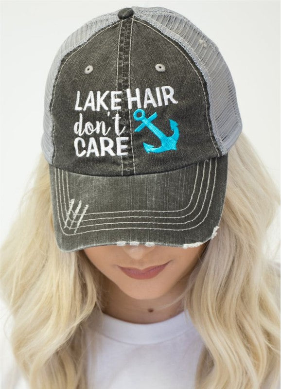 Lake Hair Don't Care Blue Anchor Trucker Hat