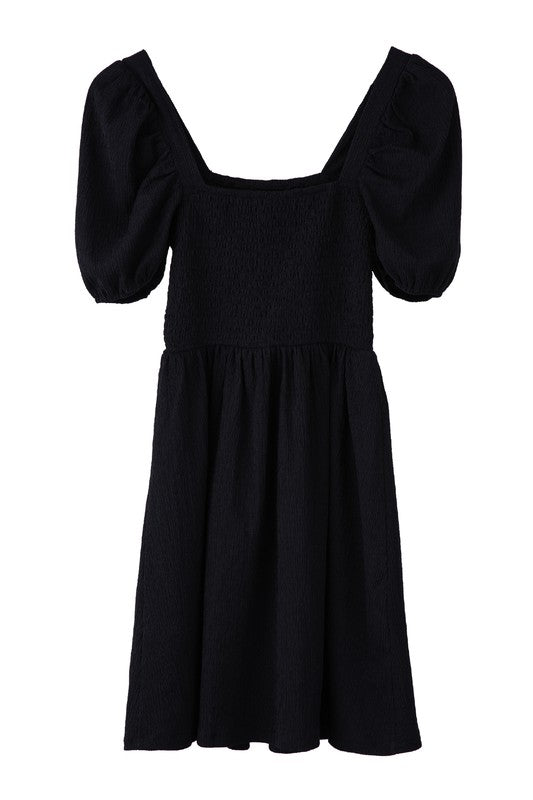 Puff Sleeved Smoked Black Mini Dress