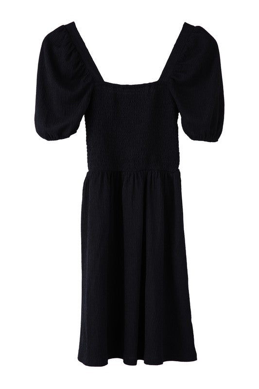 Puff Sleeved Smoked Black Mini Dress