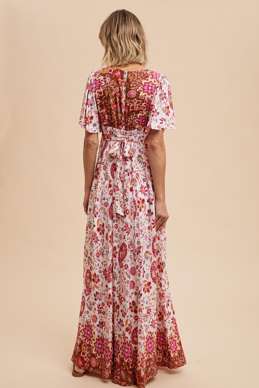 Flutter Sleeve Border Print Maxi Dress