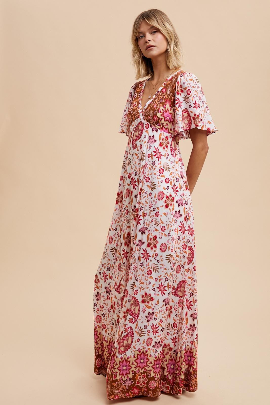 Flutter Sleeve Border Print Maxi Dress