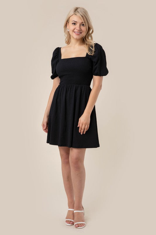 Puff Sleeved Smoked Black Mini Dress