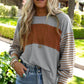 Round Neck Striped Long Sleeve Slit T-Shirt