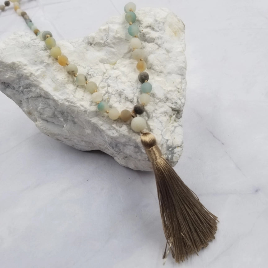 Boho Stone Bead Mala Necklace with Tassel