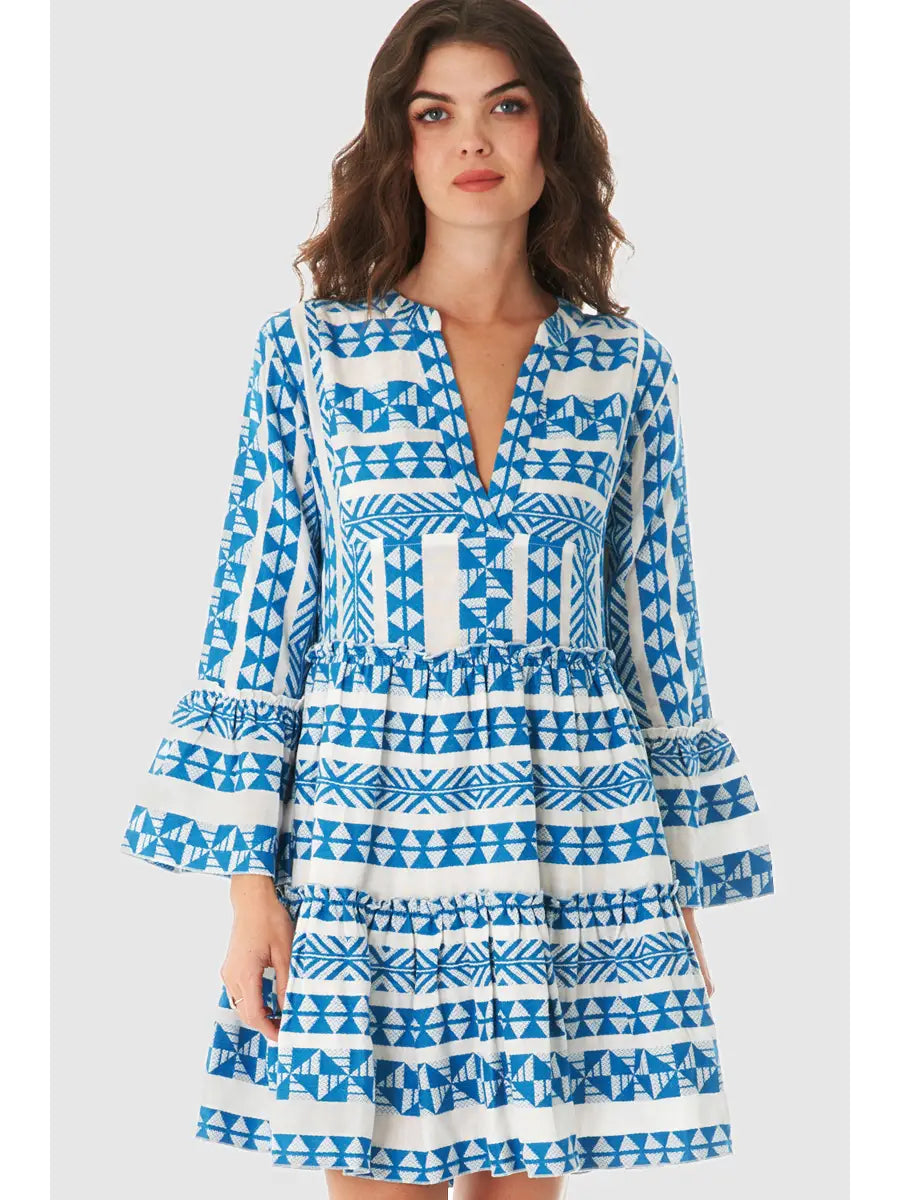 Long Sleeve V-Neck Blue & White Embroidered Mini Dress