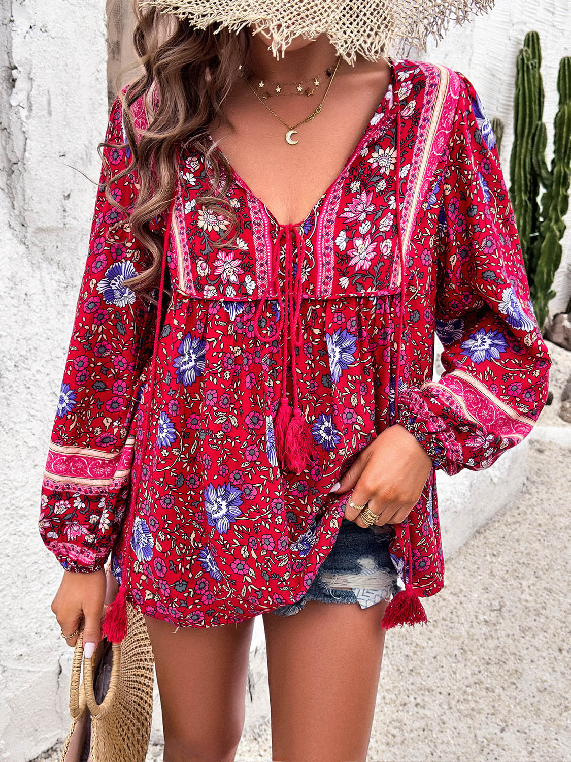 Printed Tie Neck Long Sleeve Blouse