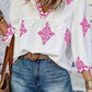 Printed V-Neck Three-Quarter Sleeve Blouse