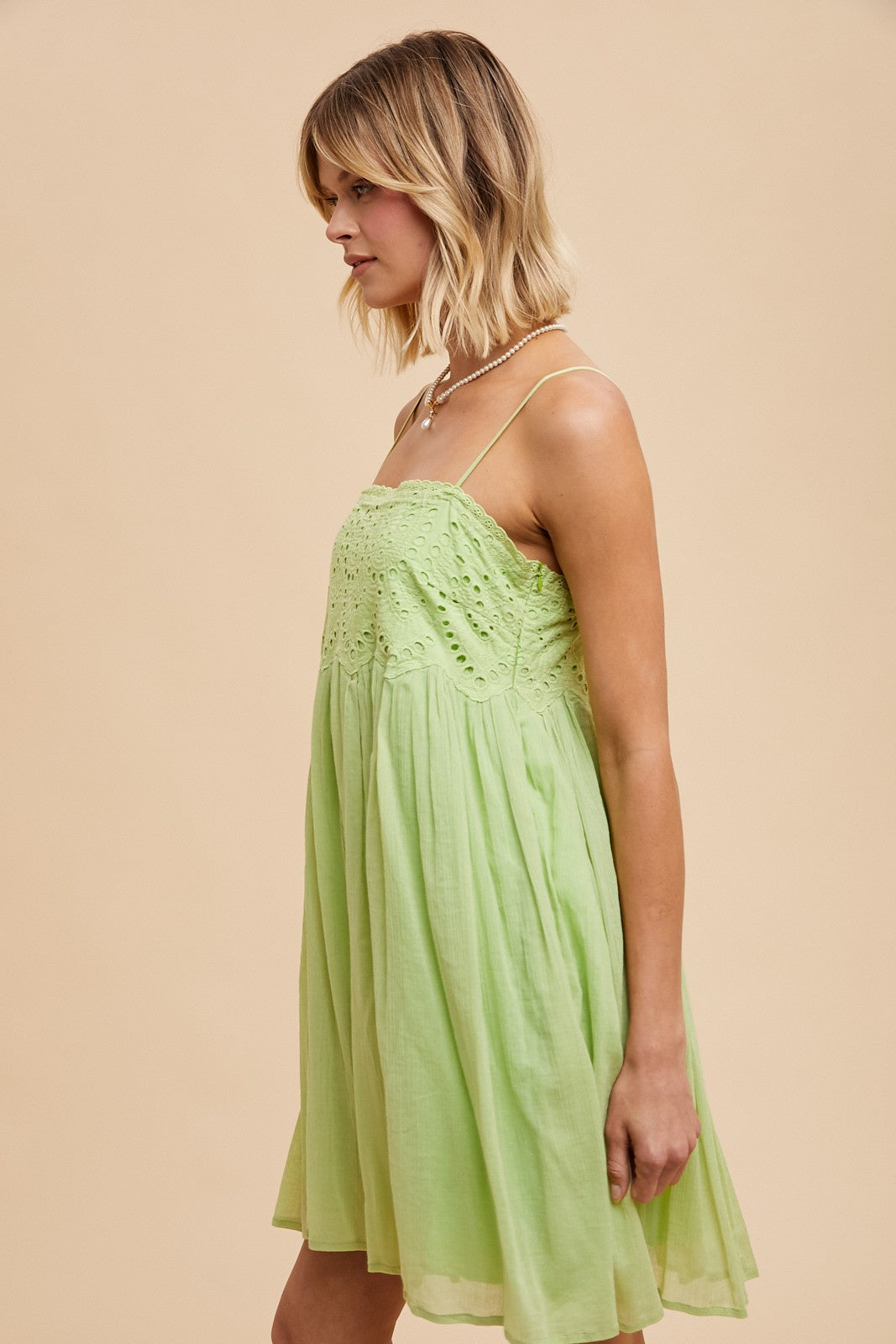 Summer Eyelet Pistachio Babydoll Mini Dress