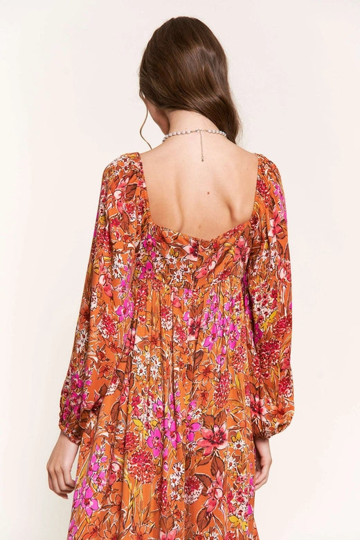 Orange Floral Long Sleeve Midi Dress