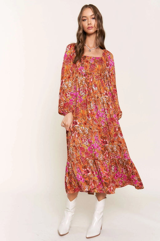 Orange Floral Long Sleeve Midi Dress