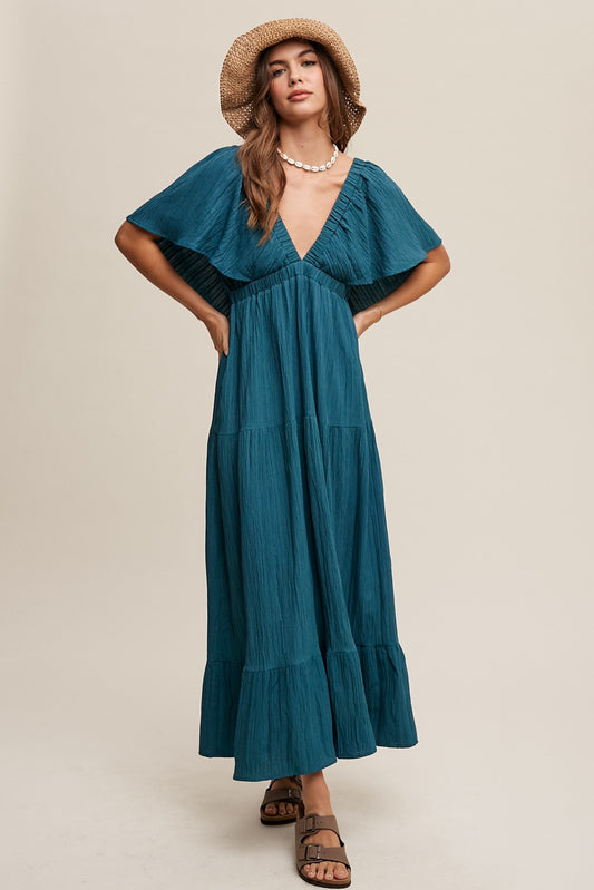 V-Neck Ruffle Sleeve Flowy Maxi Dress