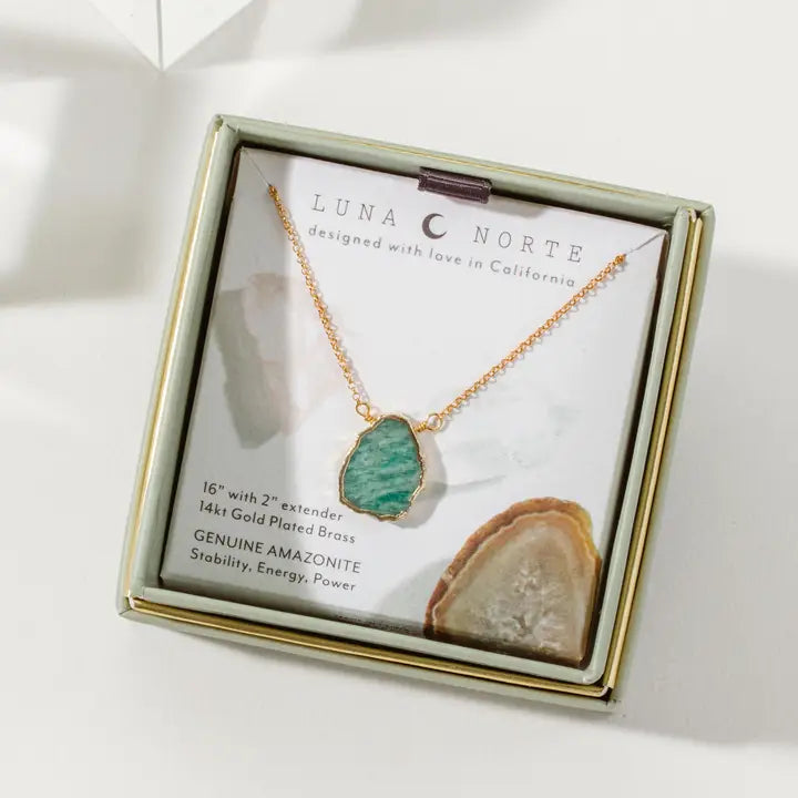 Luna Norte Earth, Wind and Fire Genuine Stone Necklace Gold -Amazonite