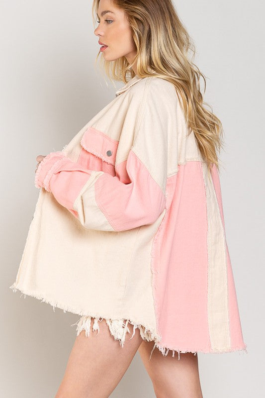 Oversized Long Sleeve Shacket with Frayed Hem