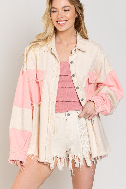 Oversized Long Sleeve Shacket with Frayed Hem