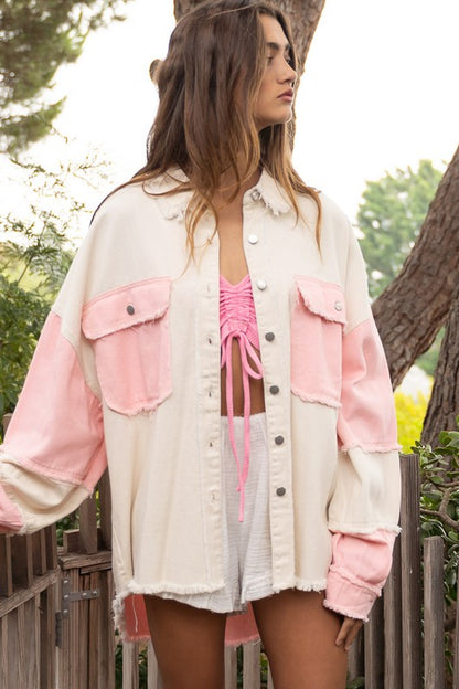 Oversized Long Sleeve Shacket with Frayed Hem