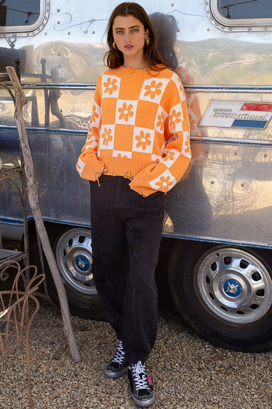 Flower & Checker Board Sweater Top