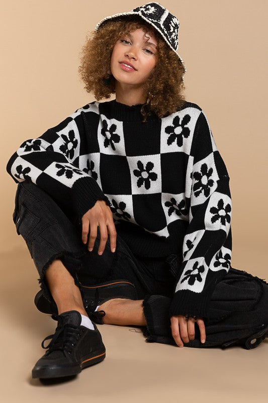 Flower & Checker Board Sweater Top
