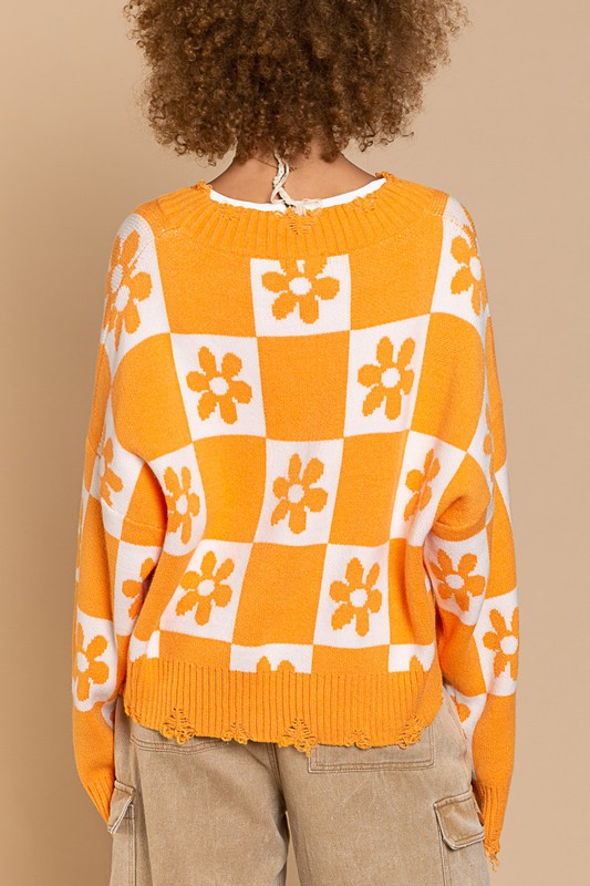 Flower & Checker Board Sweater Top