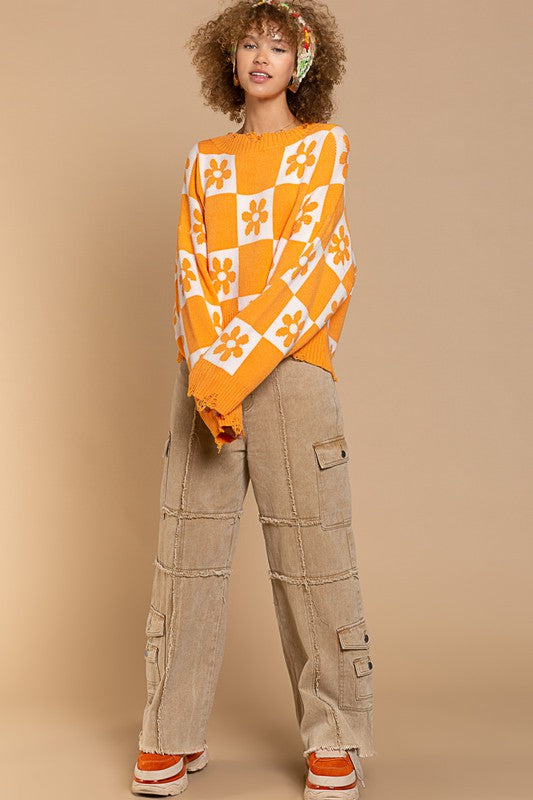 Flower & Checker Board Sweater Top